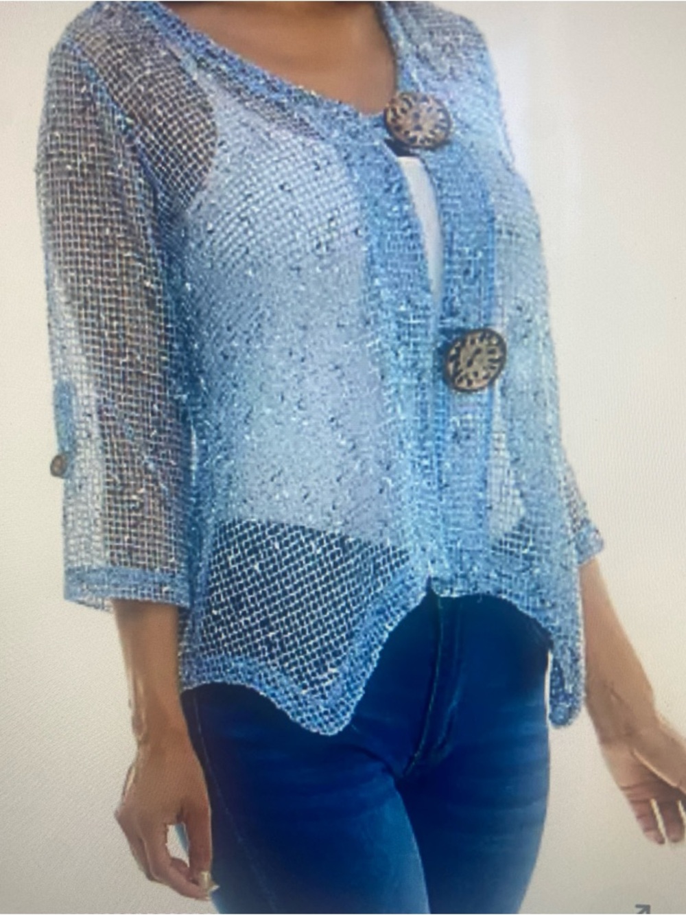 Light Blue Crochet Coconut Button Front Cardigan, sz M